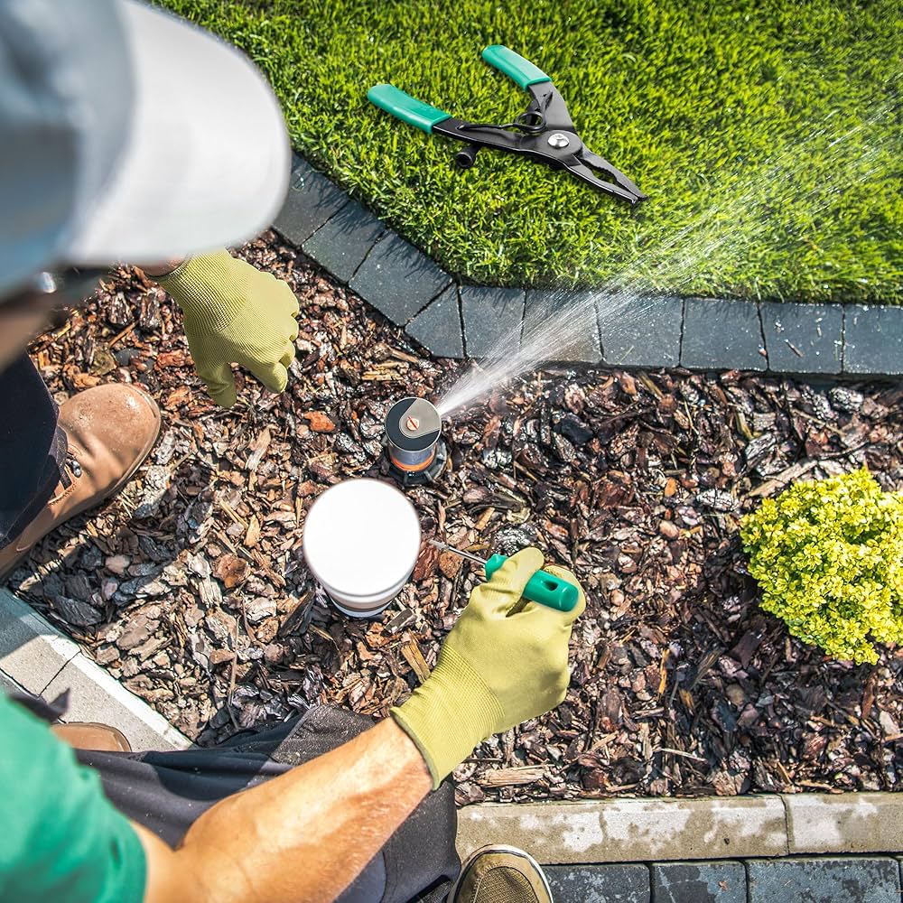 Technician from Utah Sprinkler Pros troubleshooting a sprinkler system issue in a beautiful Utah County lawn