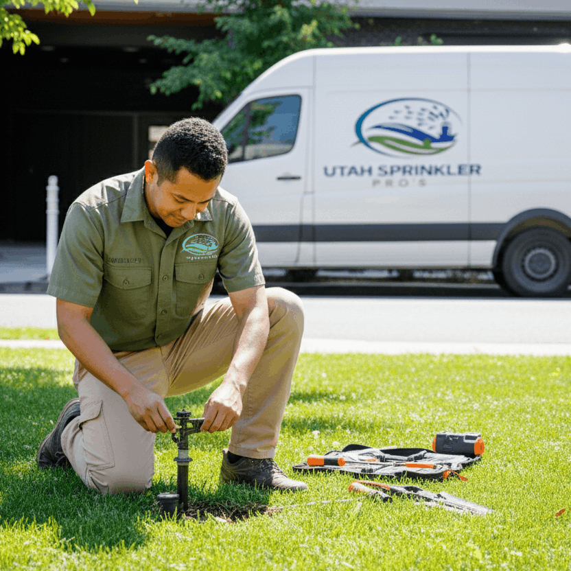 utah sprinkler pro team member doing a sprinkler blow out for a client in utah county