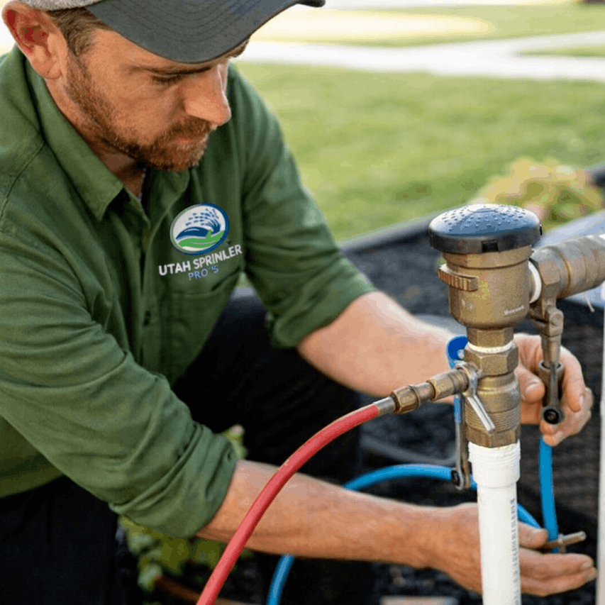 sprinkler start up service technician fixing sprinkler taps, Sprinkler System Contractor in West Jordan