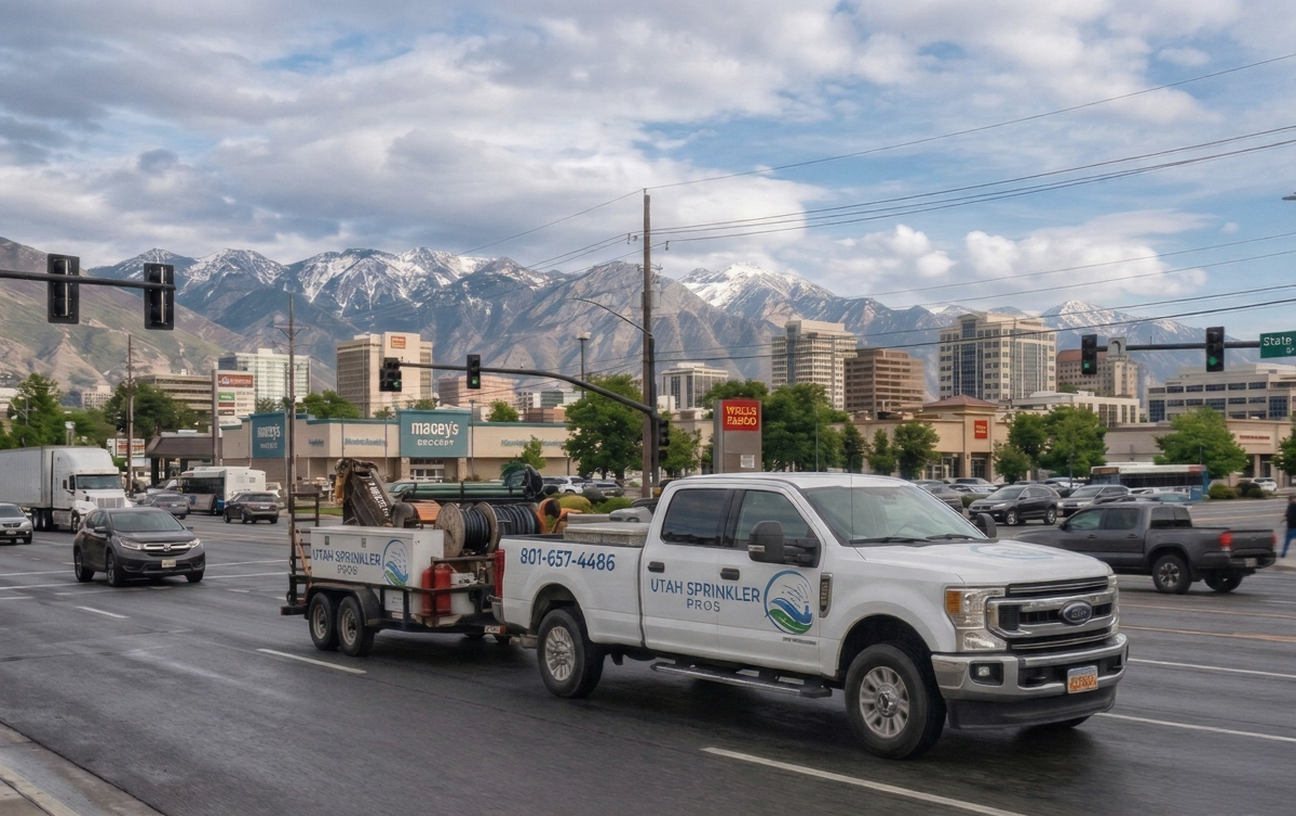 Utah sprinkler pros sprinkler truck driving down the road in Utah county