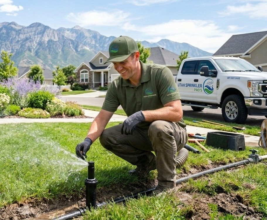 Expert sprinkler repair in Utah county, Sprinkler installer adjusting spray heads across sloped lawn and planting beds at a Sandy home