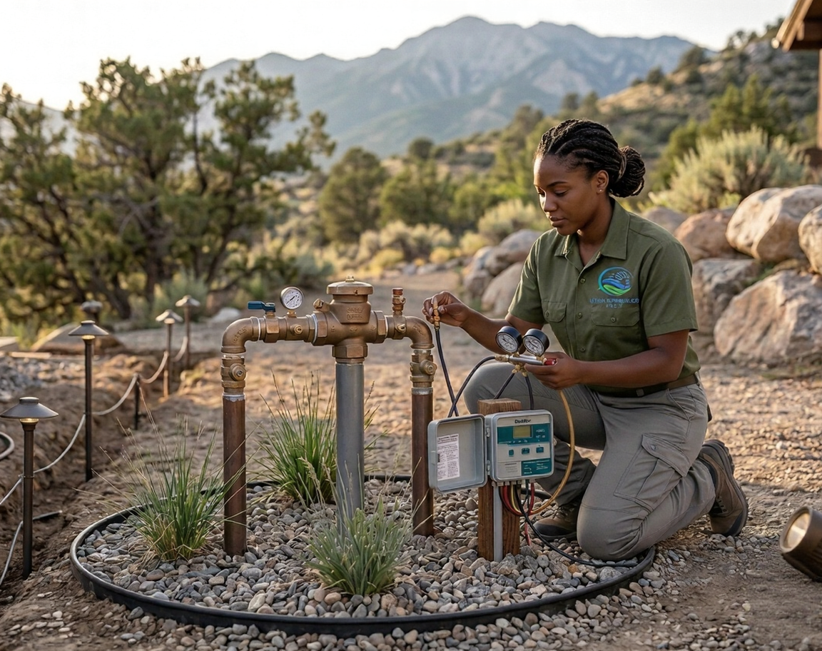 Technician adjusting sprinkler heads to eliminate driveway overspray in a West Valley City front yard