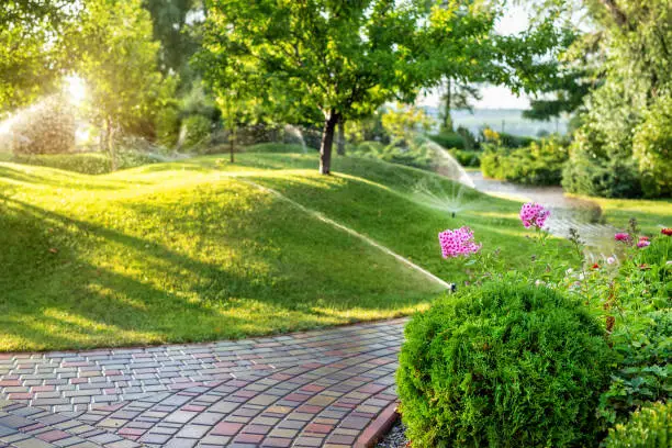 Irrigation specialist testing sprinkler zones and controller settings for precise lawn coverage, Irrigation specialist testing pressure and controller settings on sloped residential landscape