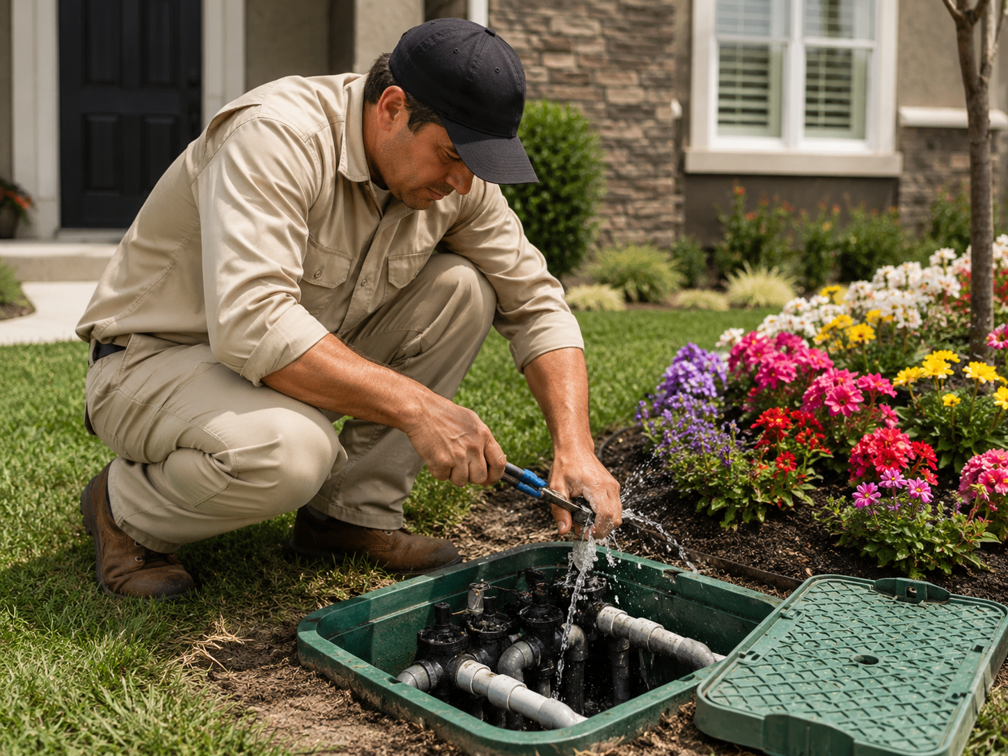 Technician repairing leaking sprinkler valve beside lawn and flower bed