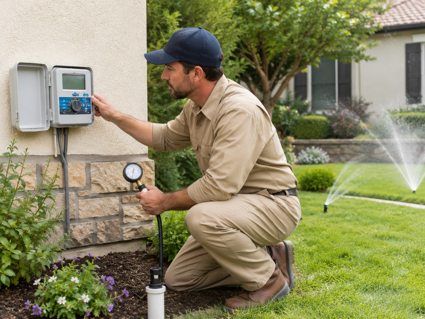 Experienced irrigation technician testing controller and zone pressure in yard