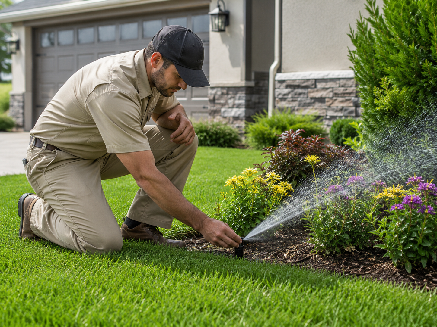 Technician adjusting sprinkler heads beside lawn and garden beds
