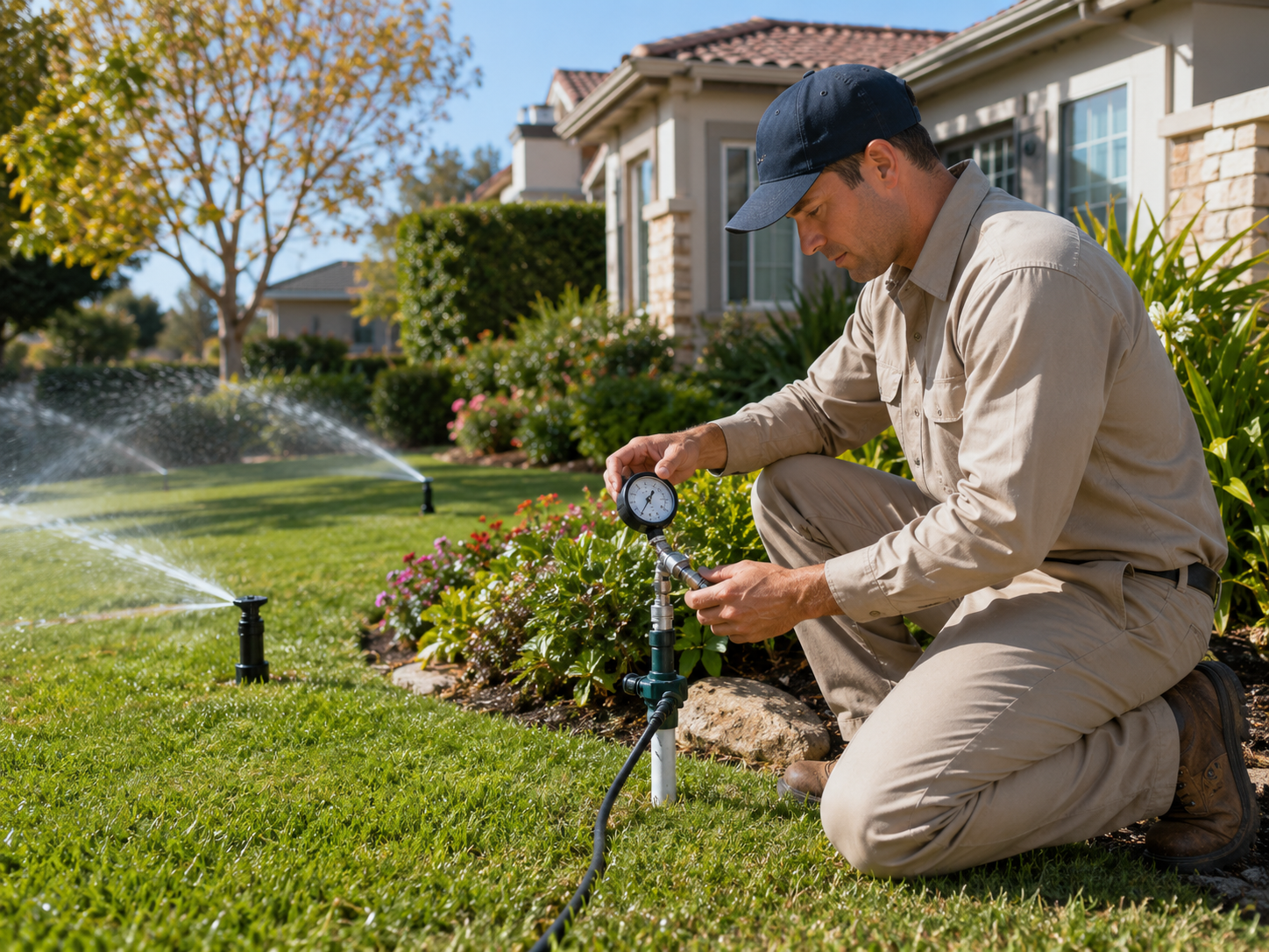 Irrigation specialist testing sprinkler zone pressure with professional equipment