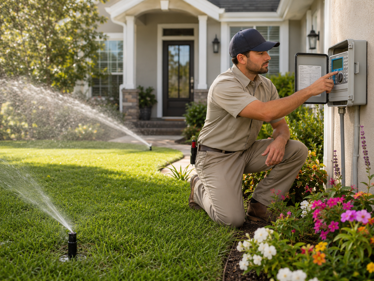 Irrigation specialist inspecting spray coverage and controller settings with precision