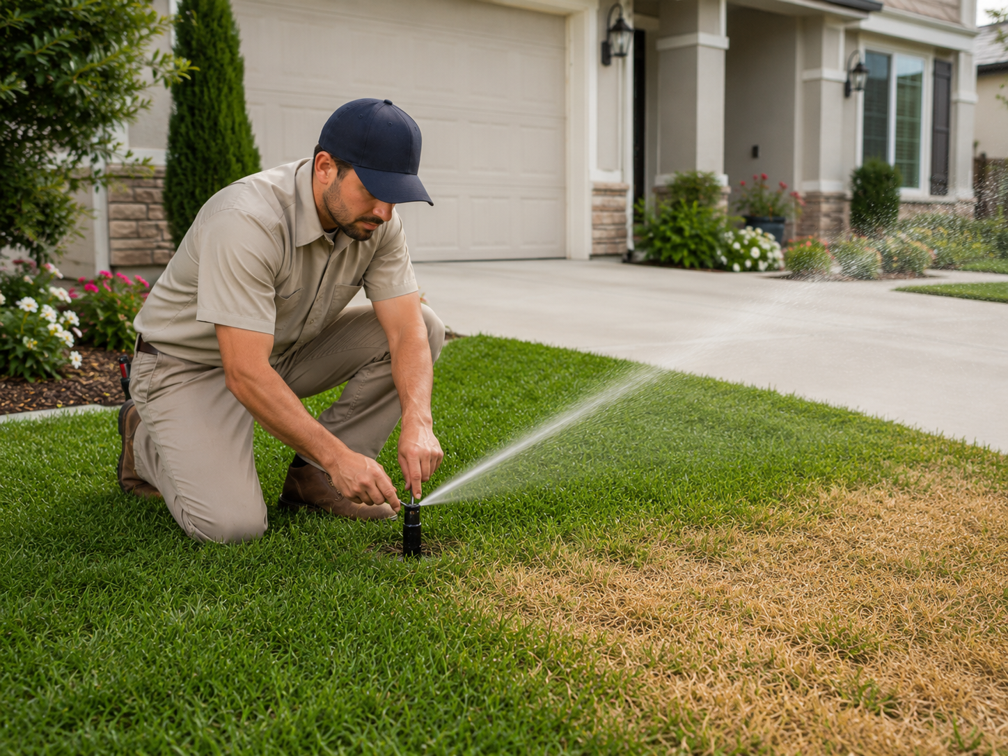 Technician adjusting sprinkler head beside driveway after uneven lawn watering