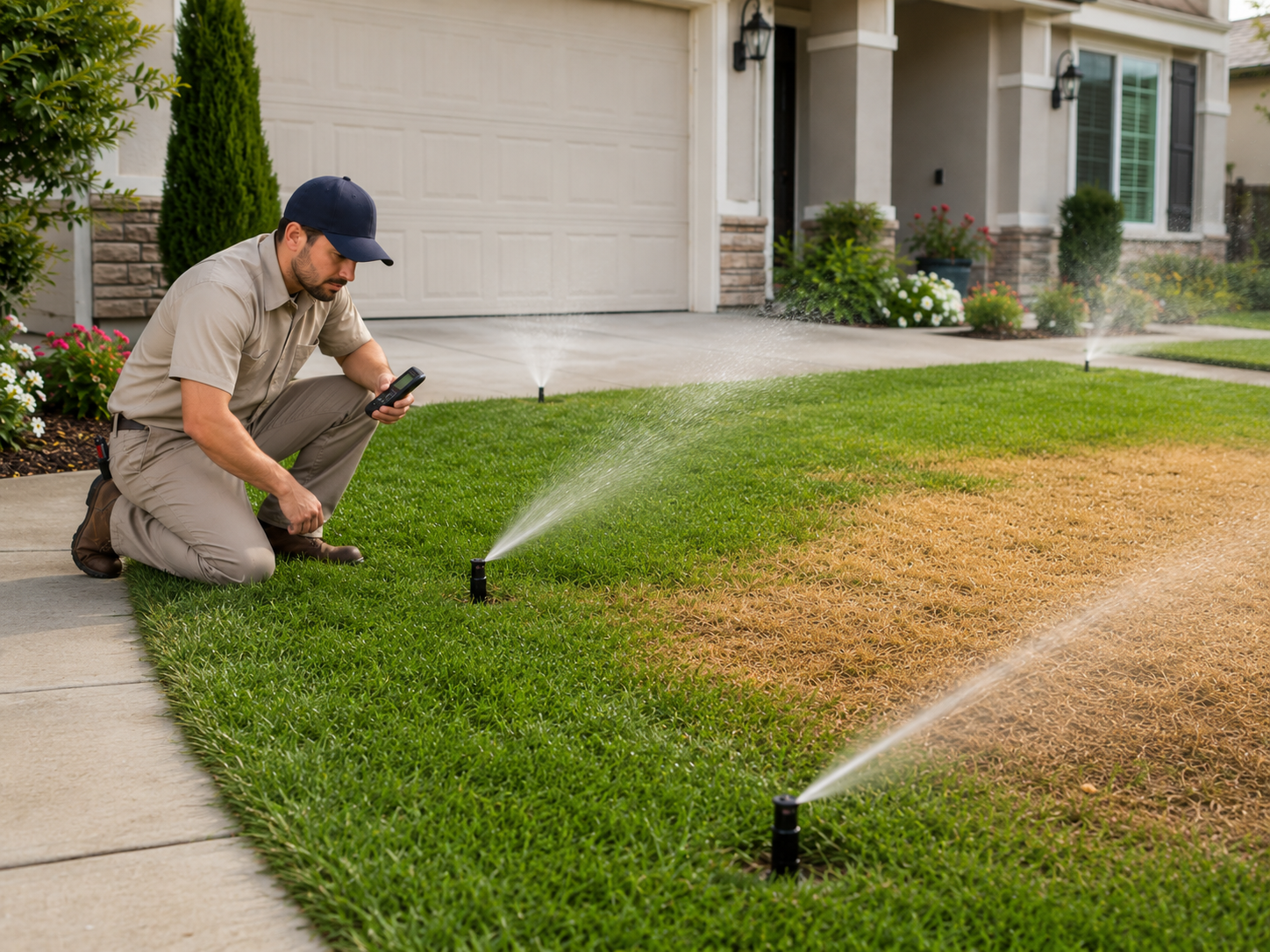 Irrigation technician testing multiple zones to diagnose uneven sprinkler coverage