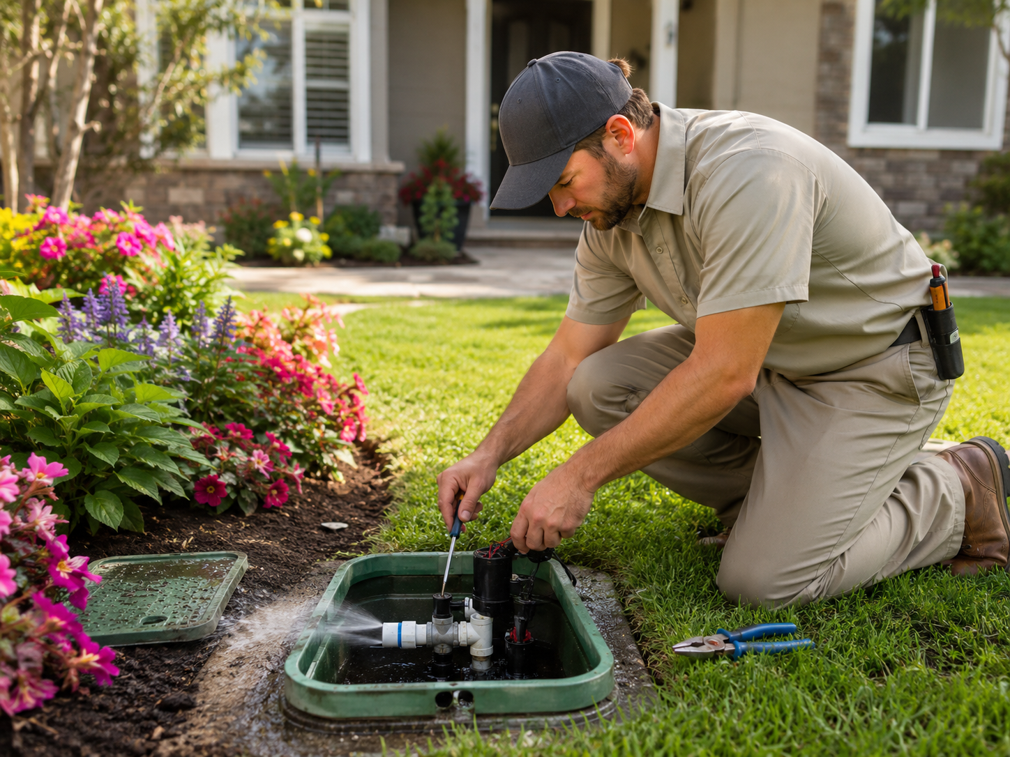 Technician fixing leaking sprinkler valve near front lawn flower bed
