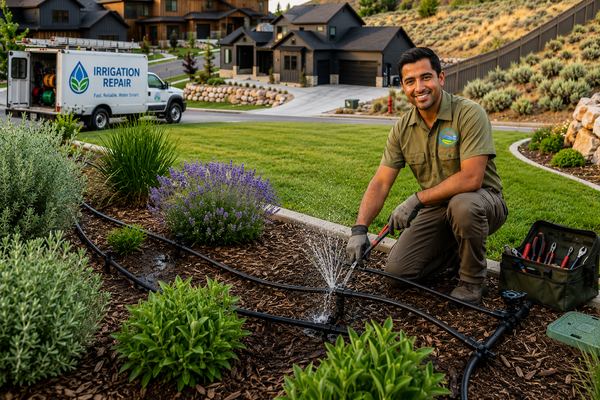 irrigation repair near me, Irrigation Repair in Lehi - UT underway as a technician adjusts sprinkler heads beside a lawn
