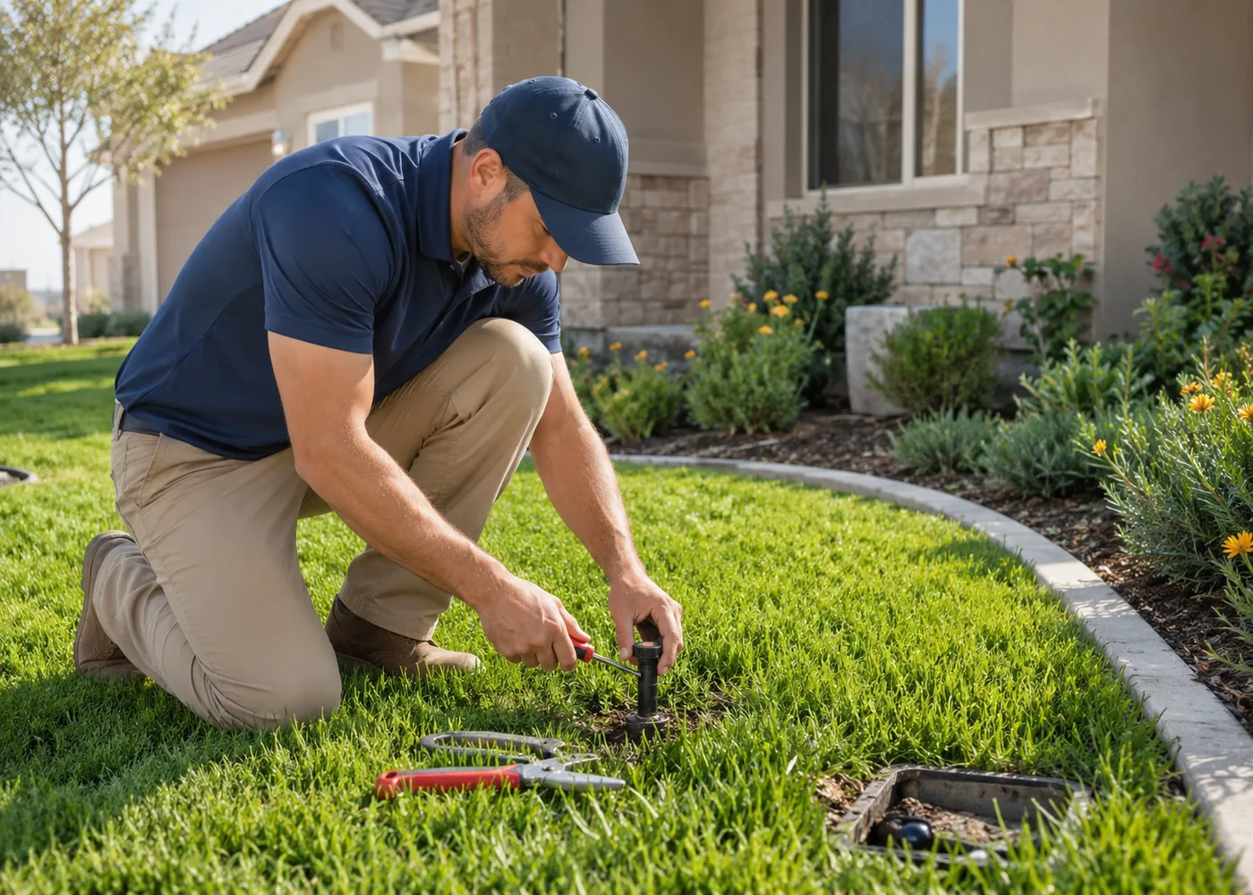 Irrigation Repair in Lehi - UT underway as a technician adjusts sprinkler heads beside a lawn