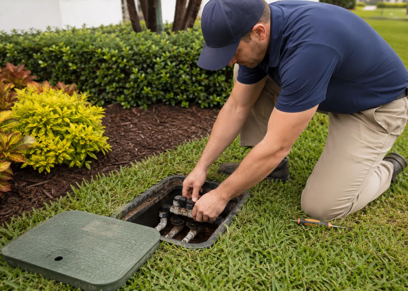 Irrigation Repair in American Fork - UT as a technician replaces a damaged sprinkler head near a driveway