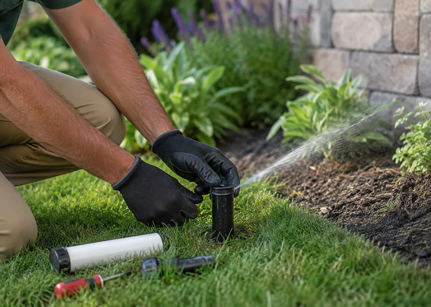 Specialist handling irrigation repair on a valve box in American Fork - UT during a sprinkler system check