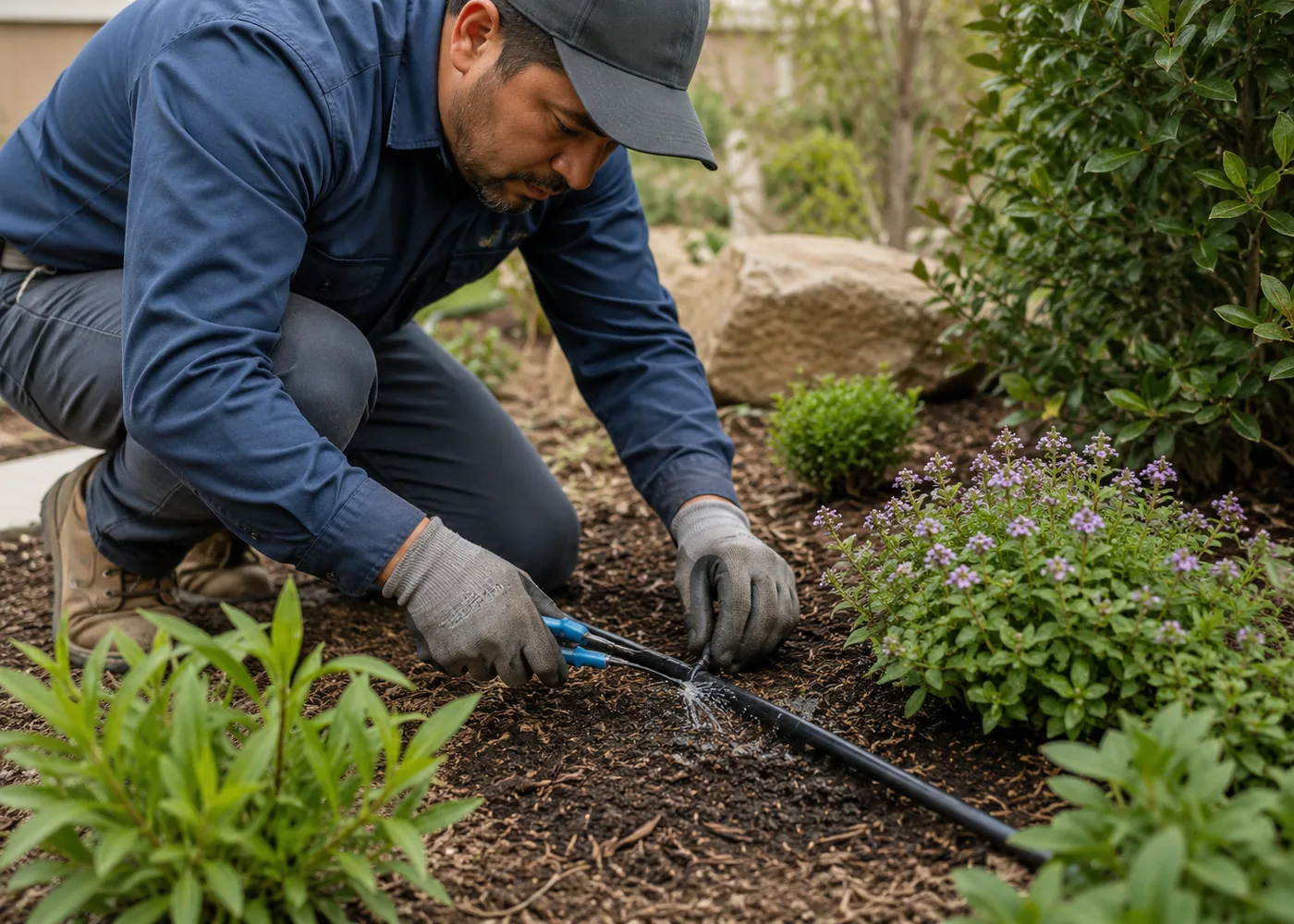 Irrigation Repair in Pleasant Grove - UT as a technician adjusts a spray head beside a lawn border